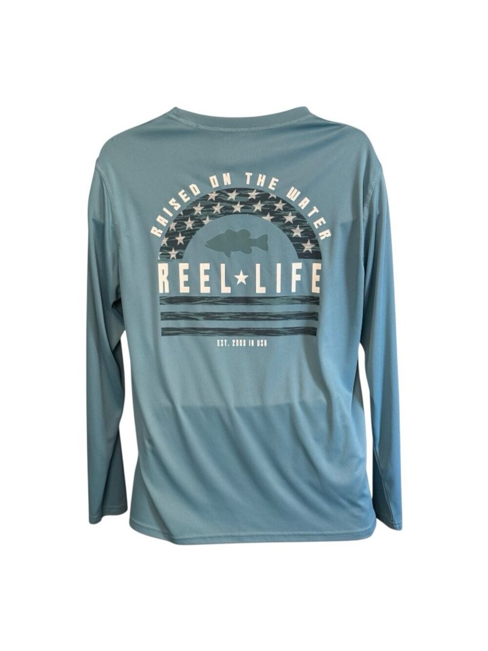 Reel Life Raised on the Water Long Sleeve Tee~Size Med~Blue Dri-Fit Shirt L11 02